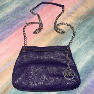 Michael Kors Tote Shoulder Bag Purple Leather Silver Tone Chain Logo MK Small